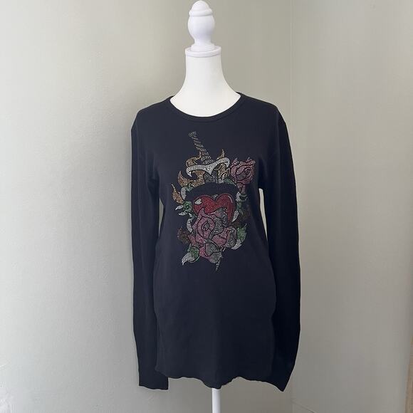 Vtg Y2K Black Crystal Embellished Bedazzled Silver Dagger Longsleeve Thermal Top - Picture 5 of 6